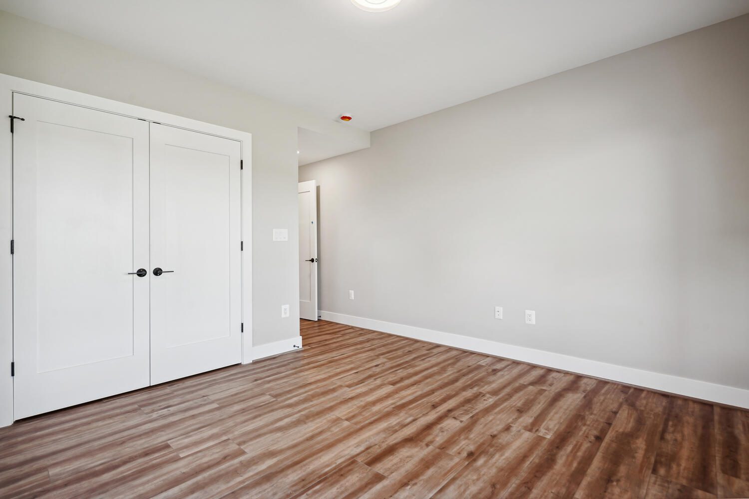 Empty room with light gray walls, wood flooring, and a double white door. A small hallway with another door is visible at the end.